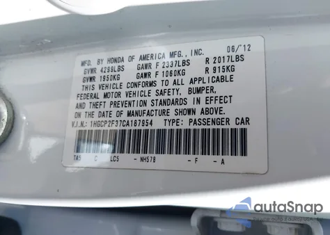 2012 Honda Accord 2.4 Lx z USA, uszkodzony, nr VIN 1HGCP2F37CA187954